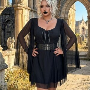 Black Gothic Mesh Sleeve Mini Dress with Belt